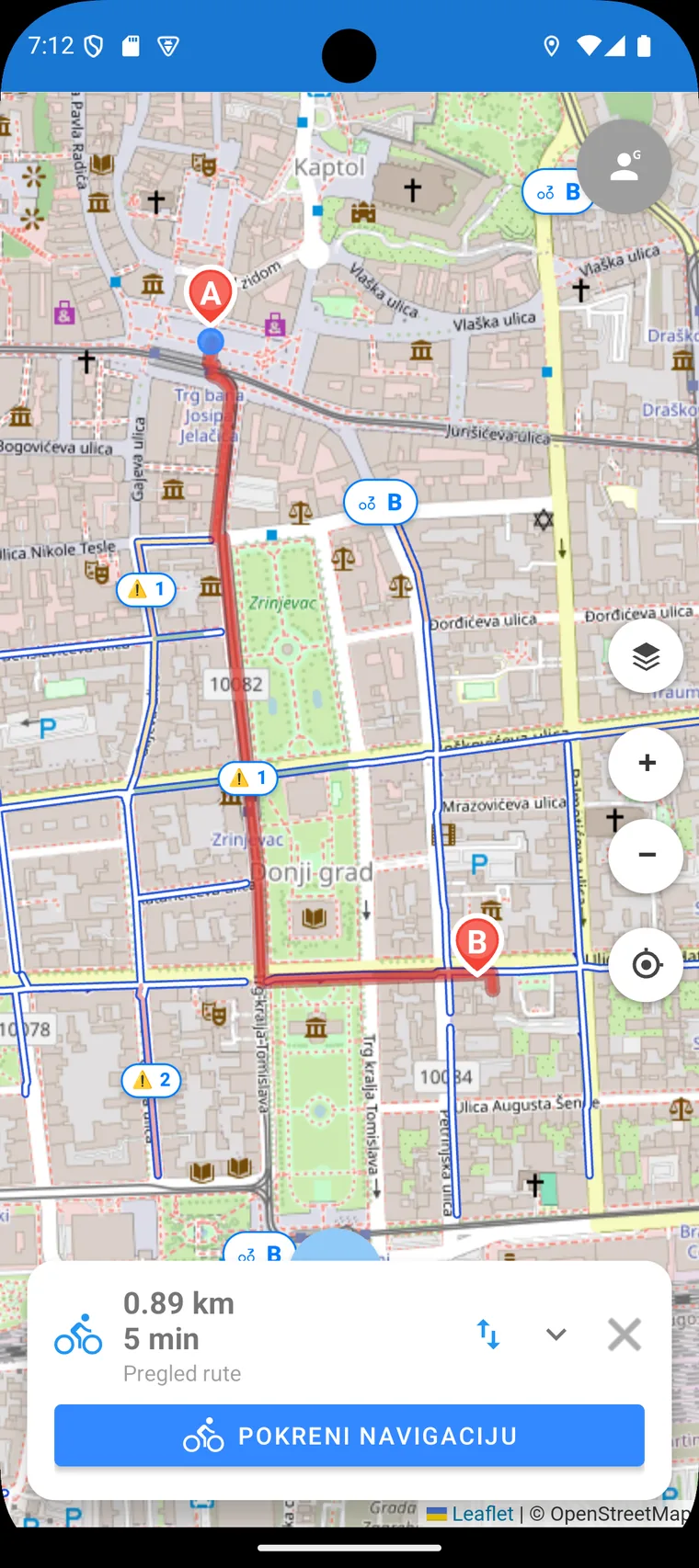 Karta biciklističkih staza Zagreba u aplikaciji BajsRoute