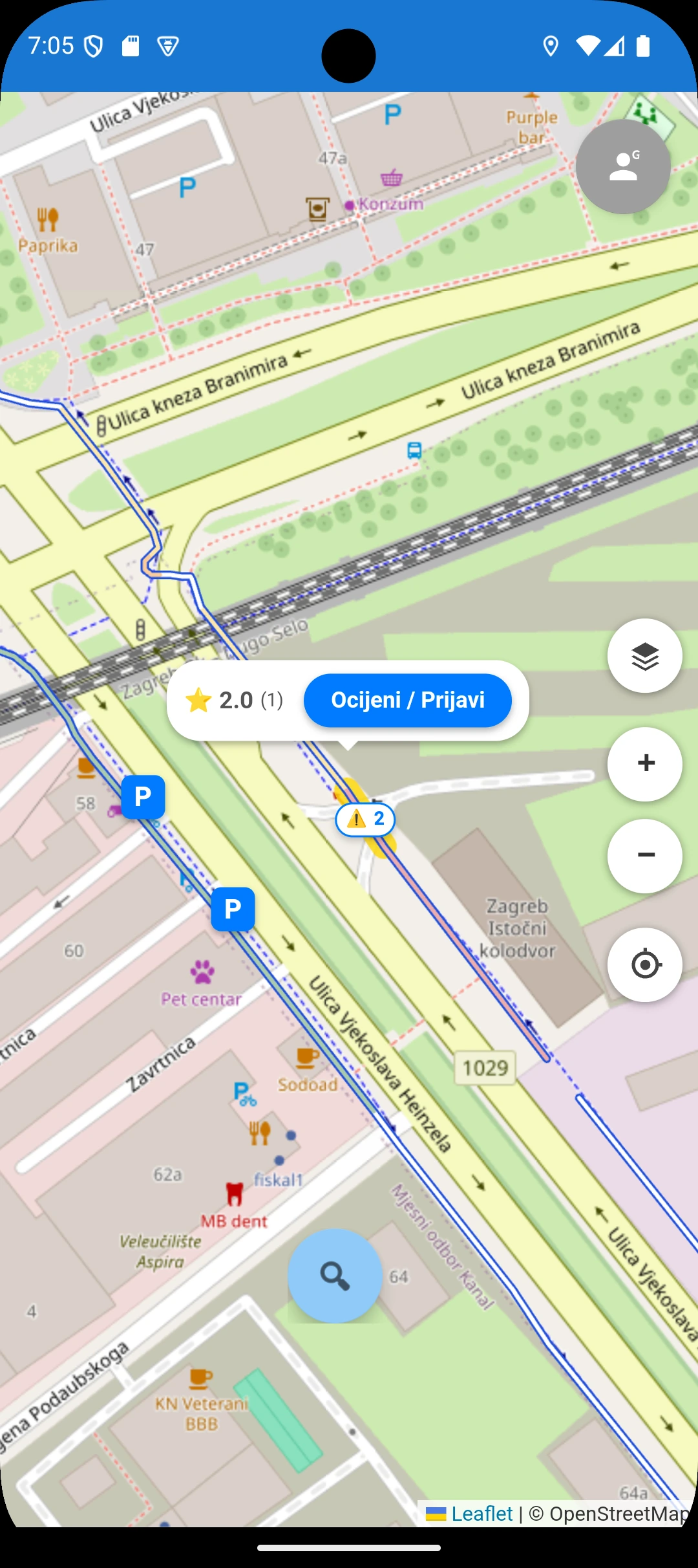 Odabrana dionica s prikazom ocjene staze