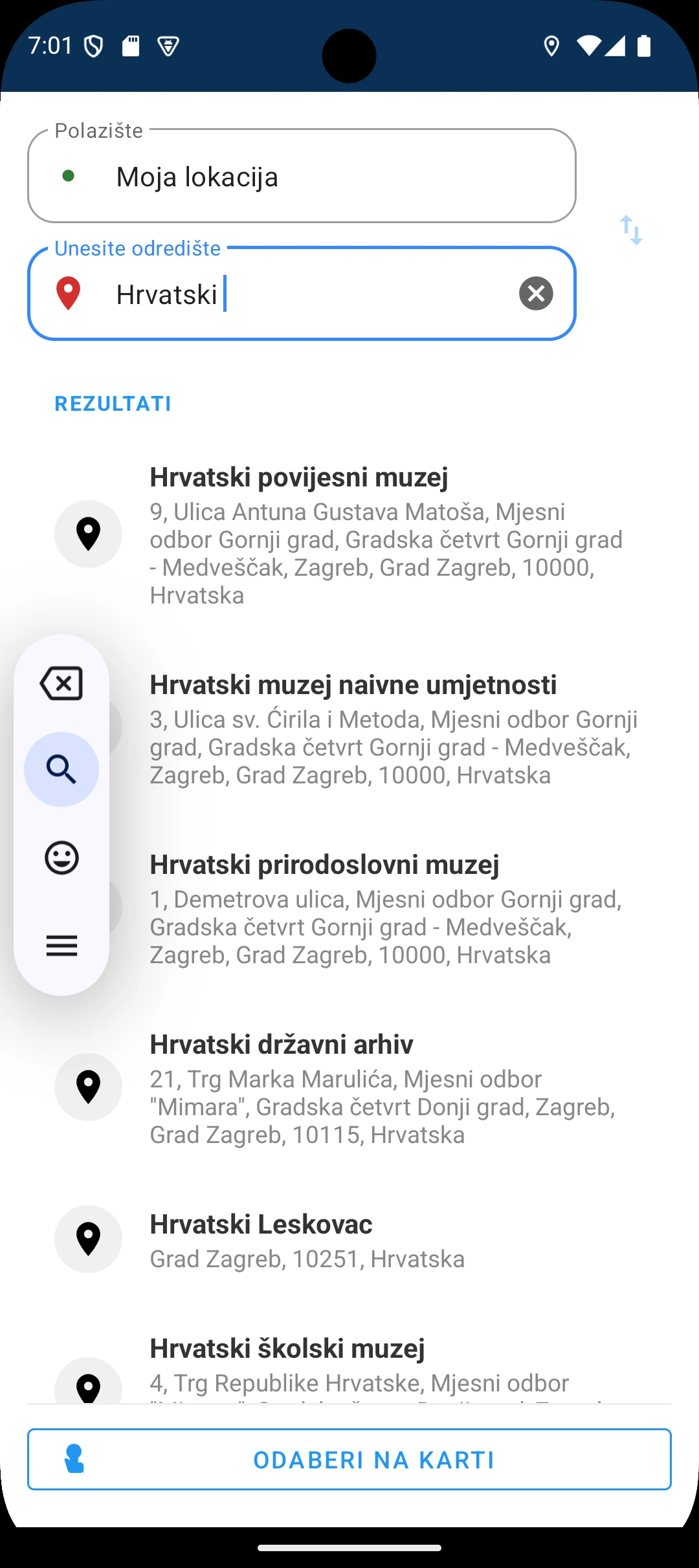 Pretraživanje odredišta uz prijedloge adresa u Zagrebu